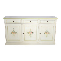 CREDENZA 3 ANTE BIANCA ANTICATA DECORATA FILO VERDE